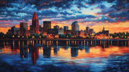 Fototapeta premium Cityscape Sunset River Reflection Painting
