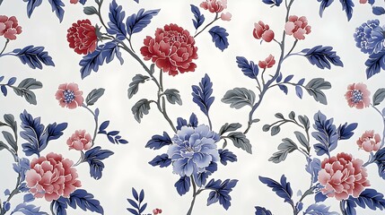 Red And Blue Floral Pattern On White Background