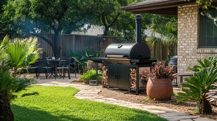 Naklejka premium Backyard BBQ smoker patio grilling