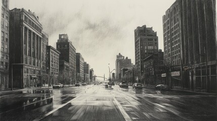 Naklejka premium Rainy city street, urban landscape, grayscale