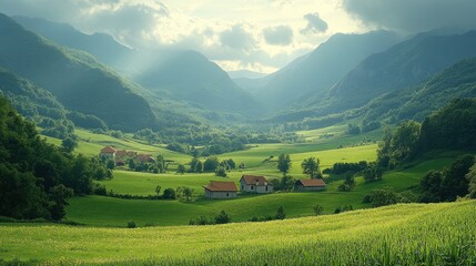 Obraz premium Mountain valley farmhouses sunset scenic landscape