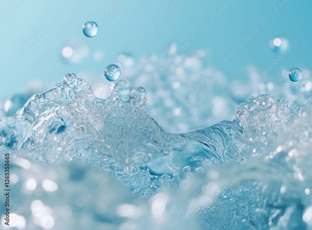 Poster crystal-clear water splashes, creating a dynamic scene with bubbles and waves against a serene light