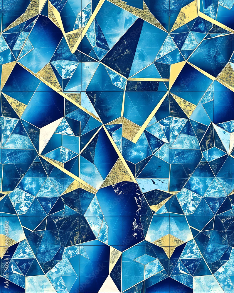 Poster abstract background with blue and golden triangles. multicolored mosaic.