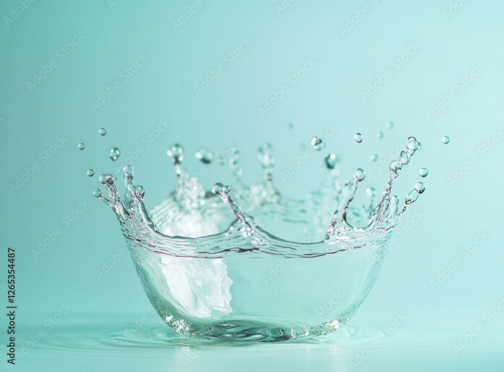 Poster Macro photography of a crown-shaped water splash with bubbles on a turquoise background, creating a refreshing and dynamic visual