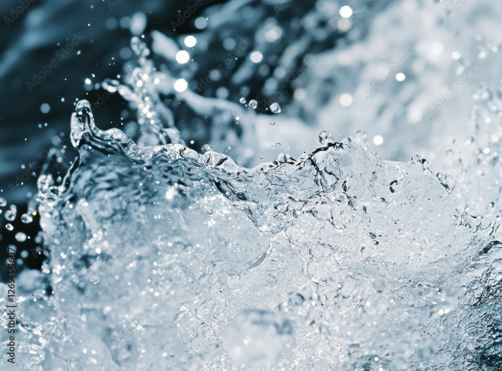 Poster Dynamic water splash with bubbles forming an abstract pattern on a light blue background, creating a refreshing and energetic scene