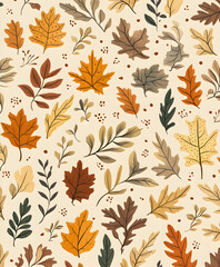 Cozy Fall Leaves Seamless Pattern with Warm Earthy Tones and Nature-Inspired Illustrations for Autumn Backgrounds and Decor