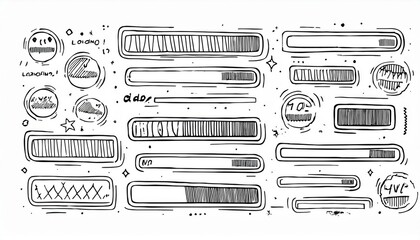 Loading bar doodle element set. Hand drawn line sketch style. Slow download speed, progress status, internet load bar concept. Isolated perfect any project.