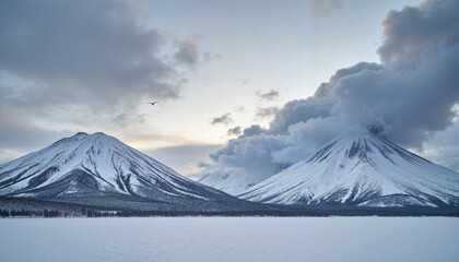Volcanic eruption emitting ash over frozen lake, nature's power