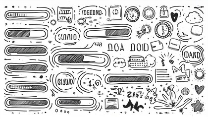 Loading bar doodle element set. Hand drawn line sketch style. Slow download speed, progress status, internet load bar concept. Isolated perfect any project.
