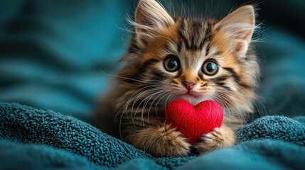 Cute Kitten Hugging a Red Heart