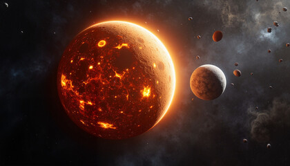 Vibrant cosmic landscape featuring Io and asteroids, celestial exploration