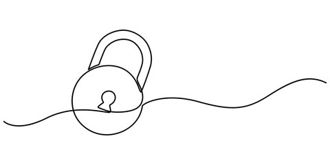 Pad lock Continuous one line drawing illustration, Continuous one line drawing of a padlock. Security concept vector illustration, metal padlock. Padlock security sign symbol vector illustration, pro.