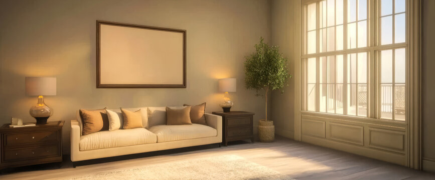 Cozy living room with sunlight pouring through large windows in a warm atmosphere