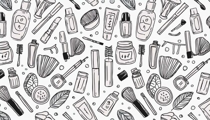 Hand drawn seamless pattern of makeup beauty cosmetic elements, mascara, cream bottle, nail product, brush. Doodle sketch style. Makeup element illustration for wallpaper, background, textile.