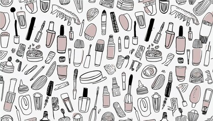 Obraz premium Hand drawn seamless pattern of makeup beauty cosmetic elements, mascara, cream bottle, nail product, brush. Doodle sketch style. Makeup element illustration for wallpaper, background, textile.
