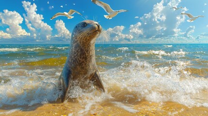 Playful Seal Emerging from Waves under a Bright Sky with Seagulls Gliding in the Background by the Ocean Shoreline