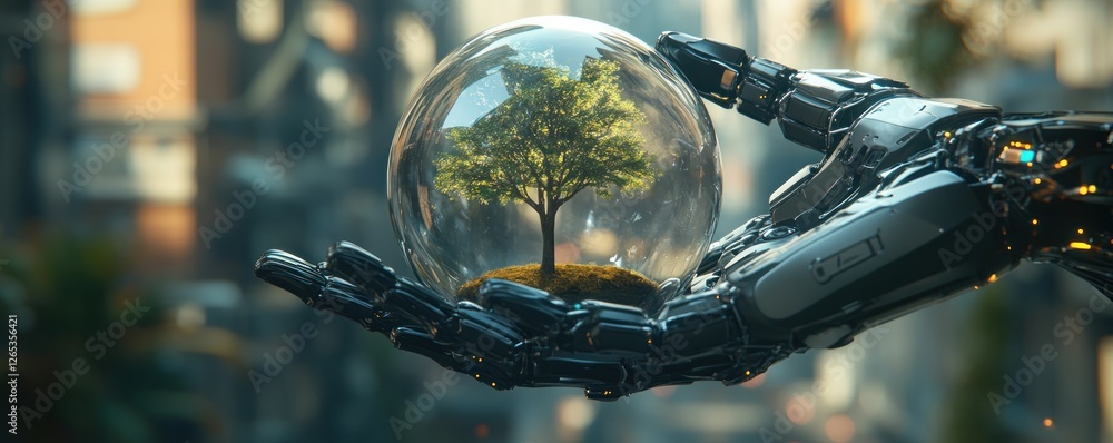 Poster explore the delicate balance of nature and progress with this striking image of a robotic hand holdi
