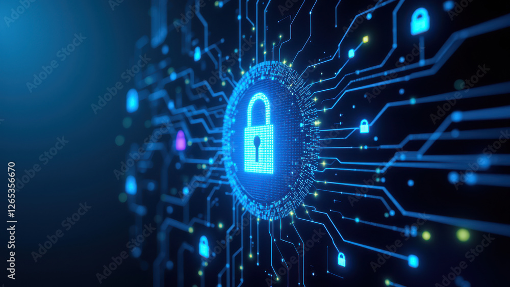 Poster image of a futuristic cybersecurity concept featuring a digital lock and circuit board with data tra