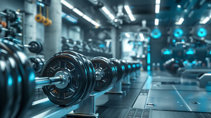 Fototapeta premium High tech gym interior with dumbbells and modern fitness equipment, showcasing vibrant atmosphere
