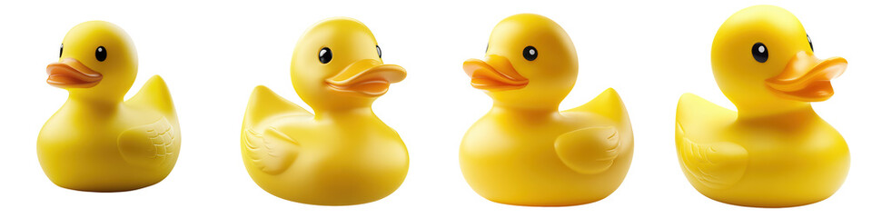 Cute Yellow Rubber Duck Collection for Bath Time Fun and Play, isolated on transparent background.