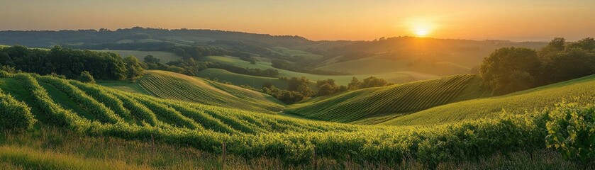Naklejka premium Golden Hour Over Lush Regenerative Farmland Showcasing regenerative agriculture practices improving soil and crop sustainability Witness vibrant fields and healthy crops thriving under a warm sunset