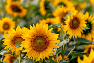 Fototapeta premium Radiant sunflowers stand tall, showcasing vibrant yellow petals and rich brown centers, creating cheerful and lively atmosphere in field