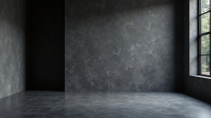 Empty Room with Dark Gray Walls and Floor, Large Window Showing Greenery