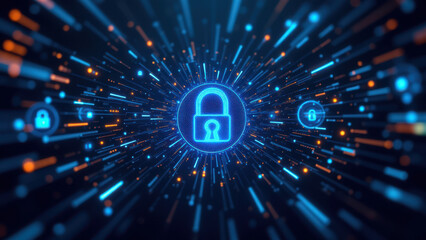 Cybersecurity digital interface with lock icon center stage.