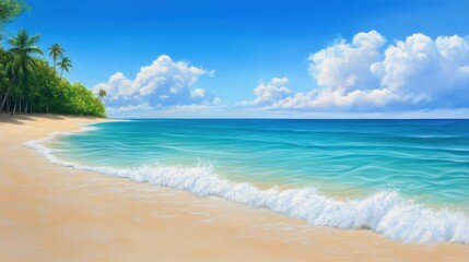A serene tropical beach scene featuring soft waves lapping against the sandy shore, lush palm trees swaying gently in the breeze, and a vibrant blue sky scattered with fluffy cloud
