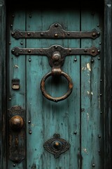 Fototapeta premium Weathered teal door boasts ornate iron hardware.