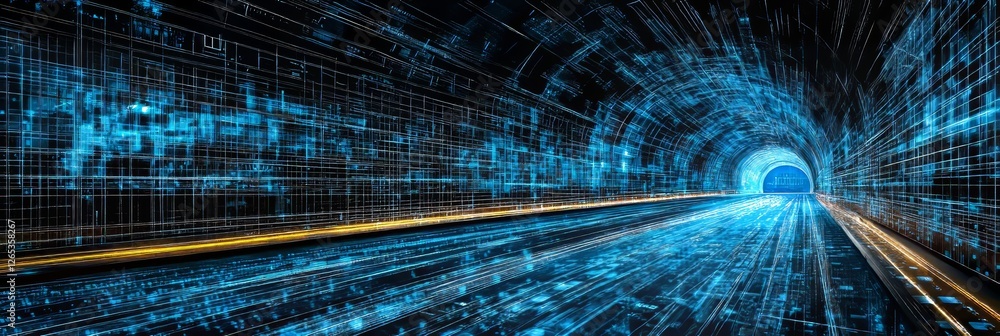 Poster abstract tunnel of binary code, representing technology, the metaverse, and the future