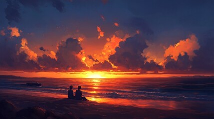 Couple watching sunset beach ocean cloudscape