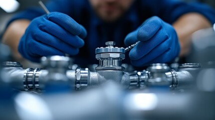 Technician carefully adjusts a valve in a detailed piping assembly