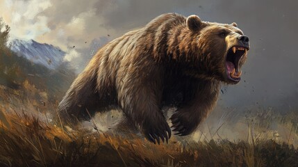 Obraz premium Powerful brown bear charging in a mountainous landscape