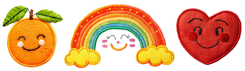 Set of colorful embroidered patches with cute smiling faces on a transparent background. Includes an orange fruit, a rainbow with clouds, and a red heart. Vibrant, cheerful, and playful textile design