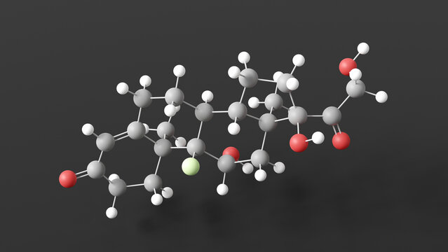 fludrocortisone molecule 3d, molecular structure, ball and stick model, structural chemical formula antihypotensive agents