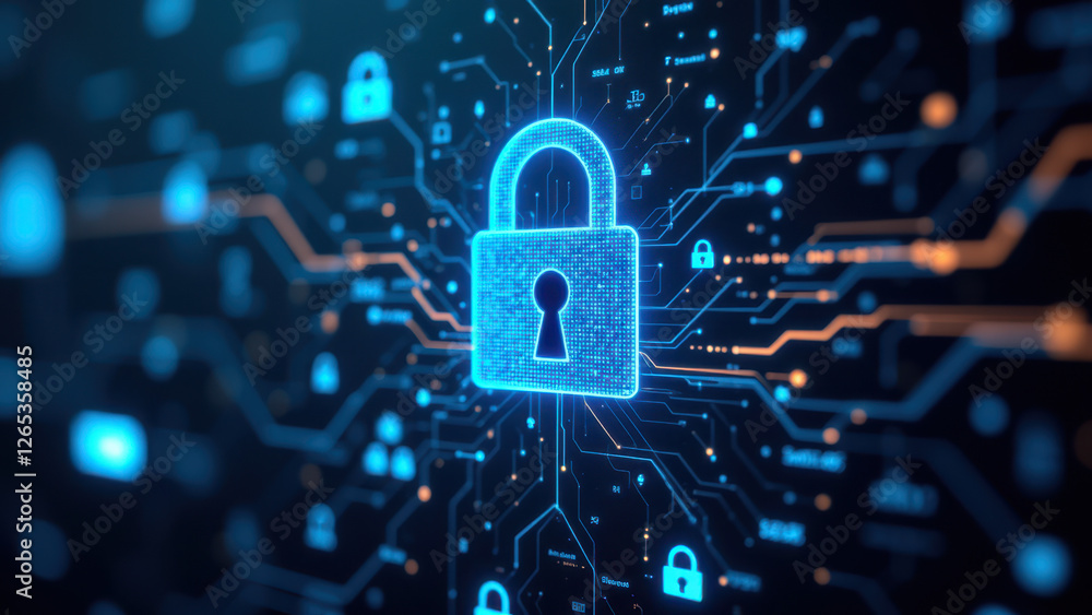 Poster a digital lock symbol on a network interface graphic signifying cybersecurity protection.