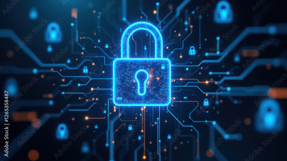 Poster high-tech cyber lock symbolizes security against unauthorized access on a digital network.