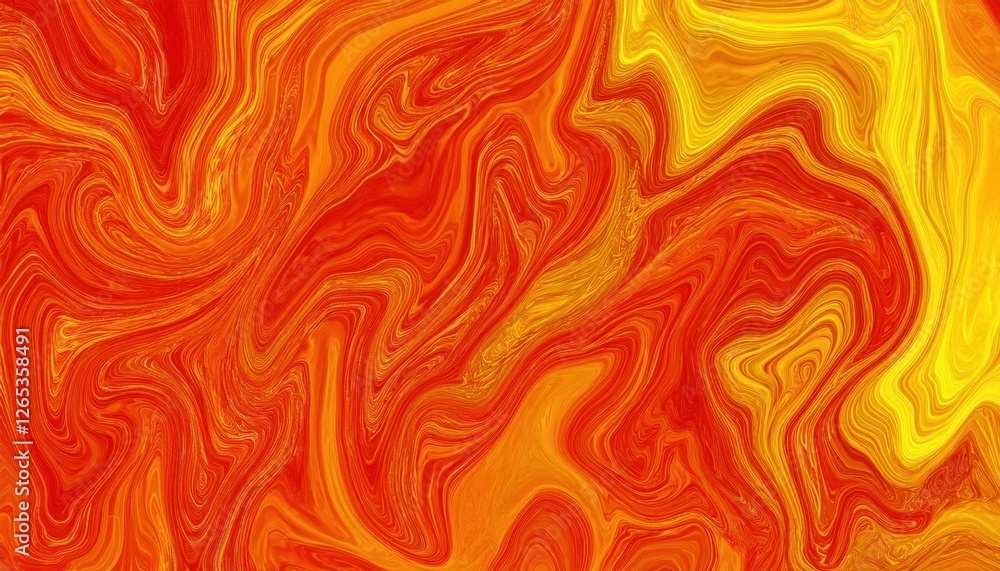 Poster vibrant orange and yellow fluid abstract pattern with swirling lines and dynamic movement, suitable for modern design projects