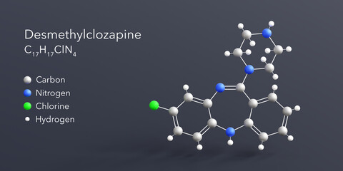 desmethylclozapine molecule 3d rendering, flat molecular structure with chemical formula and atoms color coding