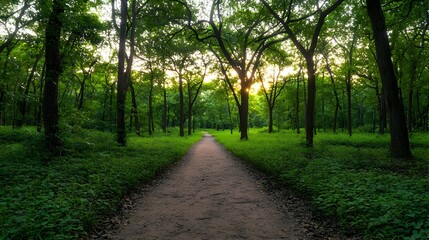 Fototapeta premium Forest Path At Sunset With Golden Sunlight