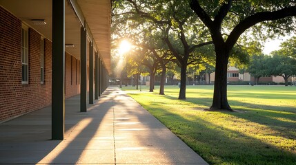 Morning Sunlight on Brick Building Walkway