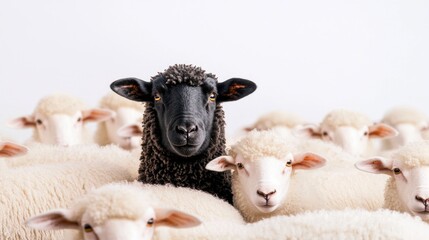 Unique black sheep contrasts white flock