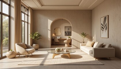 Fototapeta premium Modern living room design interior cgi cozy atmosphere natural light minimalist style