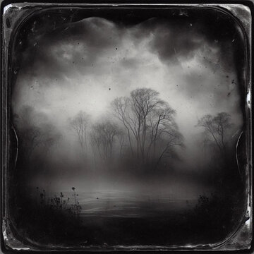 A vintage daguerreotype with scratches and imperfections characteristic of that era depicting thick fog