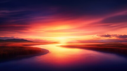 Fototapeta premium A breathtaking sunset over a tranquil river, featuring vivid colors of pink, orange, and purple, reflecting beautifully on the water's surface, creating a serene and peaceful atmos