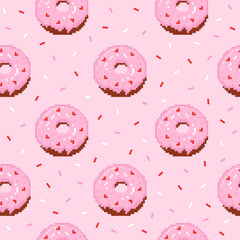 Seamless pattern with pink glazed donut and sprinkles on a pastel pink background. Hand drawn vector illustration in pixel style for wrapping paper, textile, fabric.