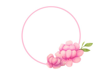 Wreath of flowers, watercolor pink flowers border, round Wreath of roses. Watercolor invitations frames with hand painted delicate leaves, flowers for wedding greeting cards