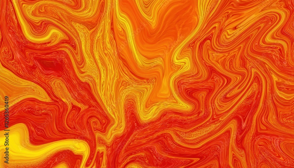 Poster vibrant orange and yellow fluid abstract pattern with swirling lines and dynamic movement, suitable for modern design projects