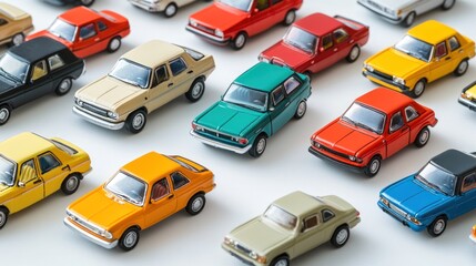 Colorful toy cars grid, white background